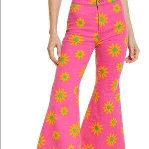 Free People Youthquake Printed Hi-Rise Crop Flare Jeans Lipstick Combo Pink -NWT